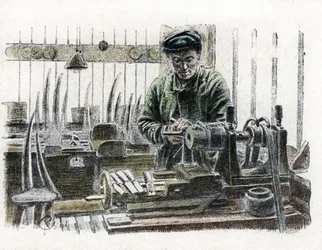 Een ivoorbewerker die olifantenslagtanden snijdt in zijn werkplaats Gravure uit 