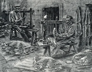 Ambachtslieden die schapenvellen schrapen Gravure uit 