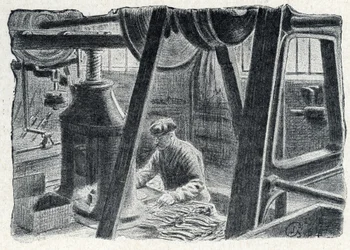 Bestek stempelen met een molen Gravure uit "Excursion a travers les metiers" door Pierre Calmette Privécollectie