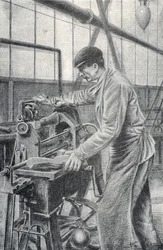Snijden van geweerkolven in een wapenfabriek Gravure door Pierre Calmette Privécollectie