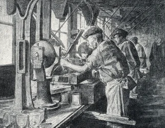 Snijwerkplaats bij de kristalfabriek in Sevres nabij Parijs Gravure uit 