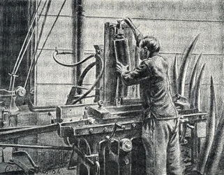 Ivoorbewerker snijdt olifantenslagtanden Gravure uit "Excursion a travers les metiers" door Pierre Calmette Privécollectie