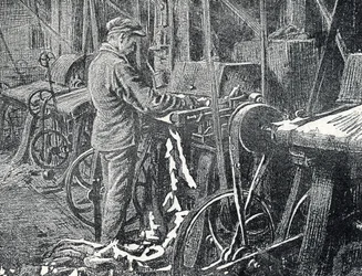 Leerindustrie: mechanisch maaien van vachten Gravure uit "Excursion a travers les metiers" door Pierre Calmette Privécollectie
