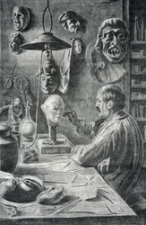 Fabricage van theater- en vermommingsmaskers Gravure uit "Excursion a travers les metiers" door Pierre Calmette Privécollectie