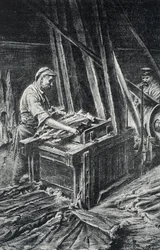 Leerbewerking, het verzachten van de dierenhuiden in een volgravure uit de collectie van Pierre Calmette