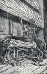 Rekwisietenmeesters: het opzetten van toneeldecors voor de voorstelling. Gravure uit 