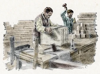 Savonnerie: het snijden van zeepblokken, gravure uit 