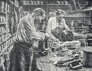 Zijden hoge hoeden fabriek. Gravure van Pierre Calmette