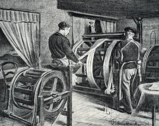 Zijdewerk: het afrollen van de zijde gravure uit "Excursie door de beroepen" door Pierre Calmette