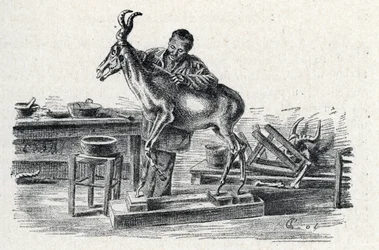 Taxidermie: Een taxidermist vult een hartebeest in zijn werkplaats Gravure uit "Excursion a travers les metiers" door Pierre Calmette Privécollectie