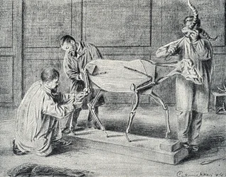 Taxidermie: taxidermisten bereiden het kunstmatige skelet voor in de werkplaats Gravure uit "Excursion a travers les metiers" door Pierre Calmette Privécollectie