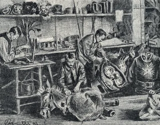 Werkplaats voor theater- en showaccessoires Gravure van Pierre Calmette Privécollectie