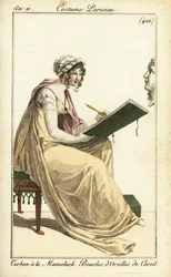 Vrouw die een klassiek borstbeeld tekent in een schetsboek, Parijs