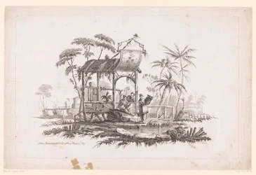 Figuren met manden op oever