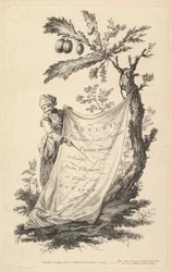 Titelpagina: een glimlachende man houdt een hoek van een doek vastgebonden aan een vijgenboom en wijst met een s..., 1759