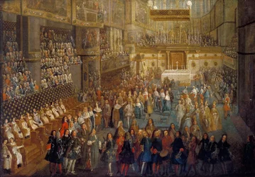 De kroning van Lodewijk XV in de kathedraal van Reims, 25 oktober 1722