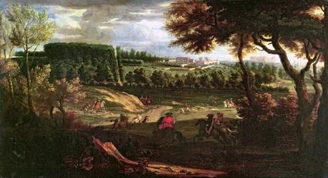 Lodewijk XIV (1638-1715) op jacht in Marly met een uitzicht op Chateau Vieux de Saint Germain