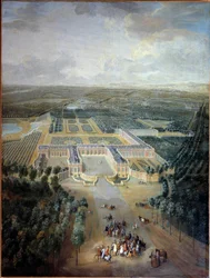 Perspectiefweergave van het kasteel en de tuinen van Trianon: promenade van koning Lodewijk XV te paard