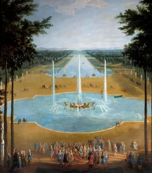 Uitzicht op het bassin van Apollo en het Grote Kanaal van Versailles in 1713, op de voorgrond: Koning Lodewijk XIV (1638-1715) tijdens de wandeling rond 1713 (detail van een schilderij door Pierre Denis Martin (1663-1742))