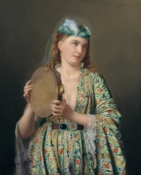 Portret van een Hofdame die de Tamboerijn Speelt, Tweede Helft van de 19e eeuw