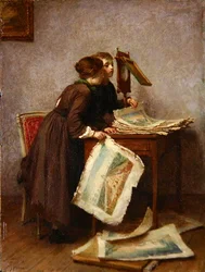 Kinderen die naar prenten kijken, ca. 1870