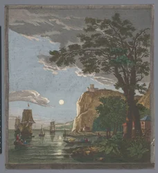 Gezicht op een kust met schepen en boten op het water bij maanlicht