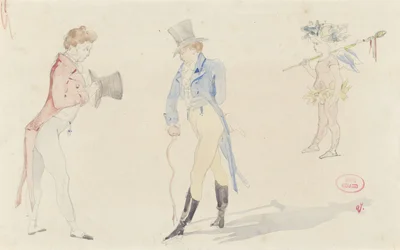 Licht schetsblad met twee elkaar ontmoetende dandies en een ballet-amour