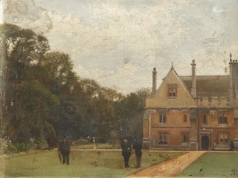 In de tuinen van Magdalen College, Dr. Fisher (Fellow), J. Henderson (Bursar) en Generaal-majoor Rigaud op de voorgrond