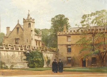 De Grammatica Hal vanuit St. Johns Quadrangle in 1881: President Bulley in de Lodgings Drive en twee anderen, 1881