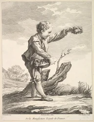 Kleine jongen met een krans en mand met bloemen, uit Deuxième Livre de Figures d