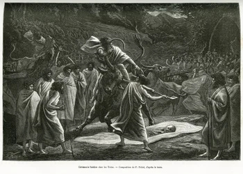 Een begrafenisceremonie voor de Todas, een kleine pastorale gemeenschap op het Nilgiri-plateau (Zuid-India), tijdens de begrafenis worden runderen geofferd. Gravure door P. Fritel, ter illustratie van het verhaal souvenirs van een reis naar de Nilgherries,