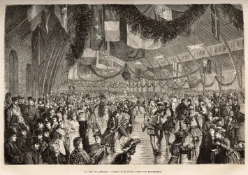 De schaatsclub van Montreal, bij een bijeenkomst voor een kostuum schaatsavond, gegraveerd naar een tekening van P.Fritel, ter illustratie van de excursie naar Canada en de Riviere Rouge du nord, door H. De Lamotte, 1873, gepubliceerd in 