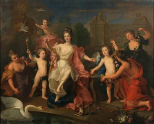 Spaans:  María Adelaida de Saboya, duquesa de Borgoña con sus hijos De hertogin van Bourgondië met haar twee zonen, de hertogen van Bretagne en Anjou (de toekomstige Lodewijk XV)