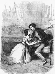 Illustratie voor Zwarte Schaap, roman door Honore de Balzac (1799-1850) uit de meerdelige collectie getiteld Human Comedy, gravure door Pierre Gustave Eugene Staal (1817-1882)