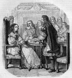 Bezoek van koningin Christina van Zweden (1626-1689) aan de Academie Française in Parijs in aanwezigheid van kardinaal Richelieu. Gravure door G. Staal
