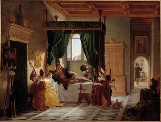Het herstel van Bayard De ridder Pierre Terrail, heer van Bayard (1476-1524) in herstel na het beleg van Brescia. Schilderij door Pierre Henri Revoil (1776-1842) 19e eeuw