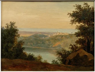 Het meer van Nemi; in de verte de stad Genzano ...