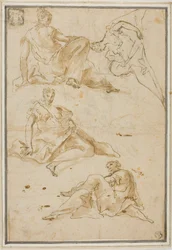 Schetsen van vier gedrapeerde vrouwelijke figuren (voor pendentieven)