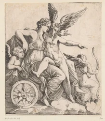 Venus en Amor in een triomfwagen, omringd door putti