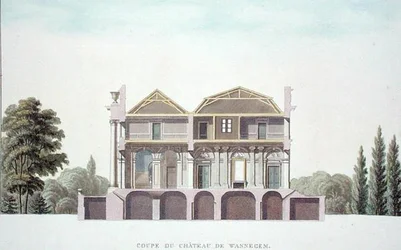 Doorsnede van het kasteel van Wannagem, nabij Oudenaarde, België, uit Choix des Monuments, Edifices et Maisons les plus remarquables du Royaume des Pays-Bas door Pierre Jacques Goetghebuer, gepubliceerd 1827