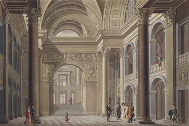 Vestibule van het Palais Academique in Gent, uit Choix des Monuments, Edifices et Maisons les plus remarquables du Royaume des Pays-Bas door Pierre Jacques Goetghebuer, gegraveerd door L. Roelandt