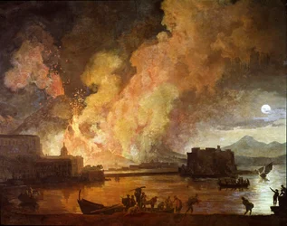 De uitbarsting van de Vesuvius in Napels bij maanlicht