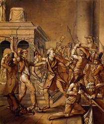 Alexandre Lenoir verzet zich tegen de vernietiging van het graf van Lodewijk XII in Saint Denis, historische schets door Pierre Joseph Lafontaine