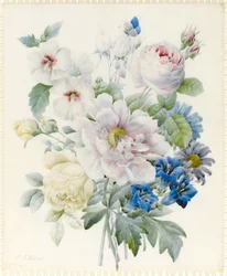 Een boeket bloemen met een pioenroos, rozen, hibiscus, asters, gentiaan en een denkbeeldige blauwe vlinder