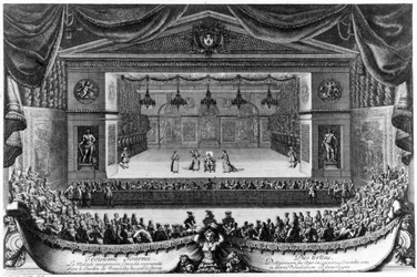 Derde dag: Le Malade imaginaire (door Molière), komedie opgevoerd in de tuin van Versailles voor de Grot in 1676, gravure door Pierre Lepautre (1660-1744)