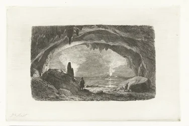 Man met roeiboot in de grotten van Han