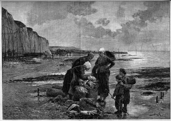 De visserij van Dieppe, laag tij. Gravure naar het schilderij van Pierre Beyle (1838-1902) in 
