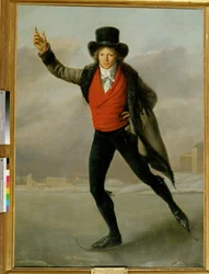De medaillewinnaar Bertrand Andrieu schaatst (olieverf op doek)
