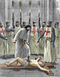 Ketterij van de Tempeliers: voorstelling van een ceremonie van toetreding van een ridder tot de orde van de tempel, waarbij de Tempelier, volgens de bekentenissen gepubliceerd na hun arrestatie en proces in 1307, gedwongen werd Christus te verloochenen en 