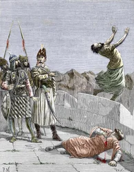 Ismaïlitische sekte van het Oosten, of moordenaars, gesticht door Hassan ibn al-Sabbah (1036-1124), bekend als de Oude Man van de Berg, afgebeeld terwijl hij twee van zijn fanatieke volgelingen beveelt zichzelf te doden, Alamut, Perzië, rond 1096